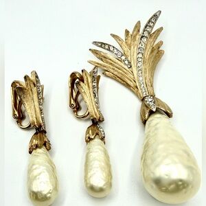 Vintage Faux Pearl Rhinestone Demi-Parure Set - MCM Statement Jewelry